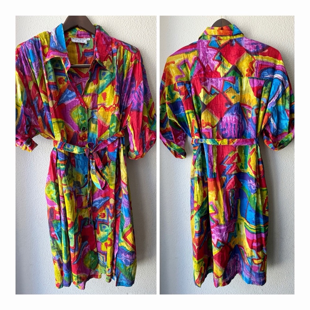 Vntg 80s/90s Rainbow Brushstroke Print 100 %Cotton Shirtdress W/Sash Maximalist